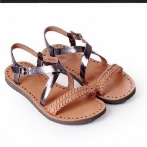 Ugg Jordyn tan brown and metallic pewter leather strap sandals 6